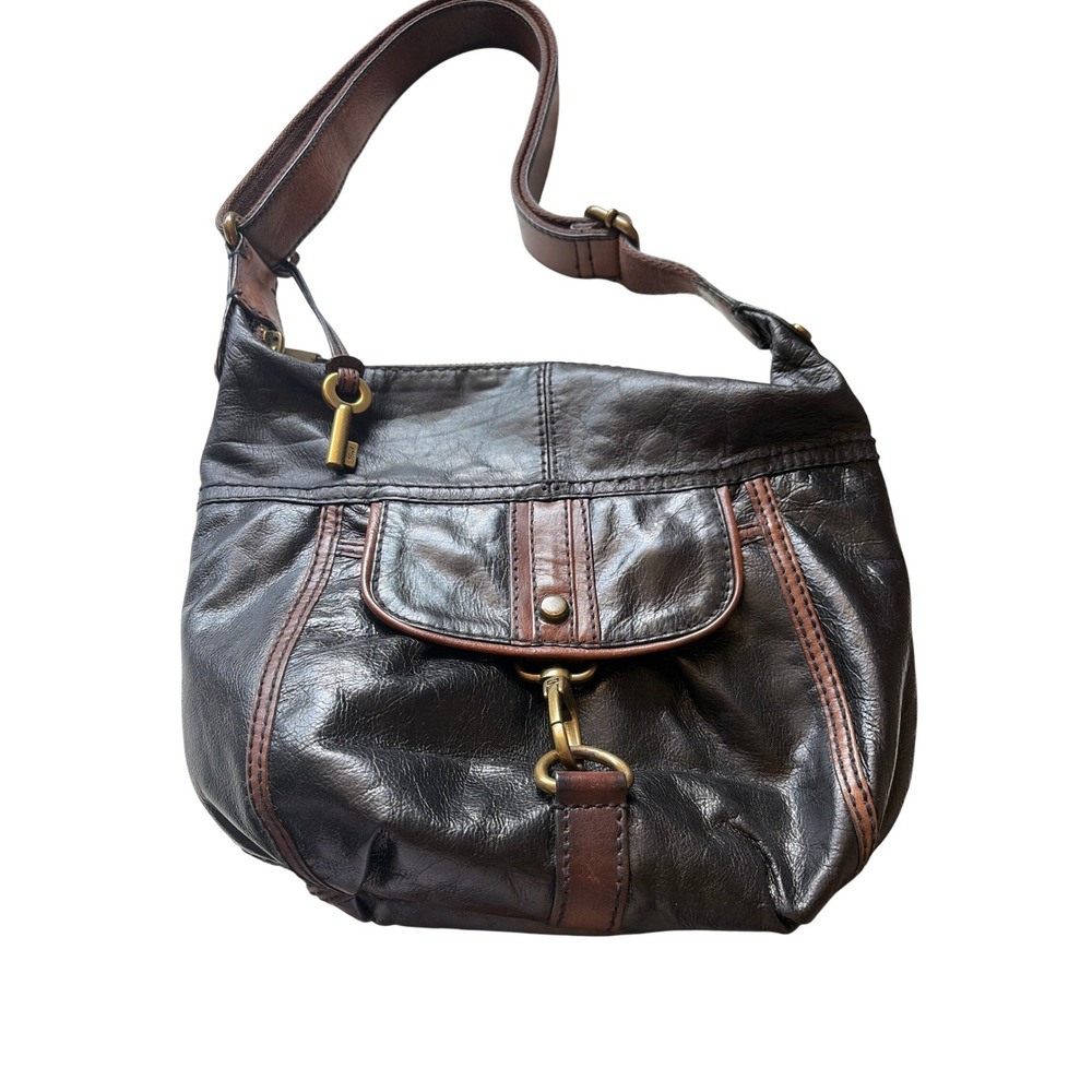 Vintage Fossil Black & Brown Leather Crossbody Bag ZB2041 Floral Lining